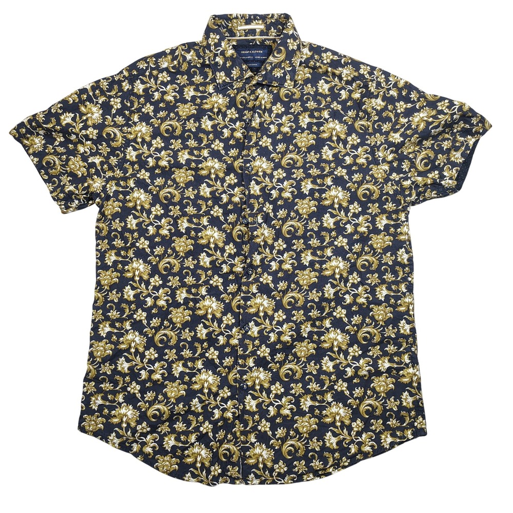 Denim & Flower Button Up Mens M Navy Gold Floral Baroque Slim Fit Cotton Shirt - Picture 1 of 7
